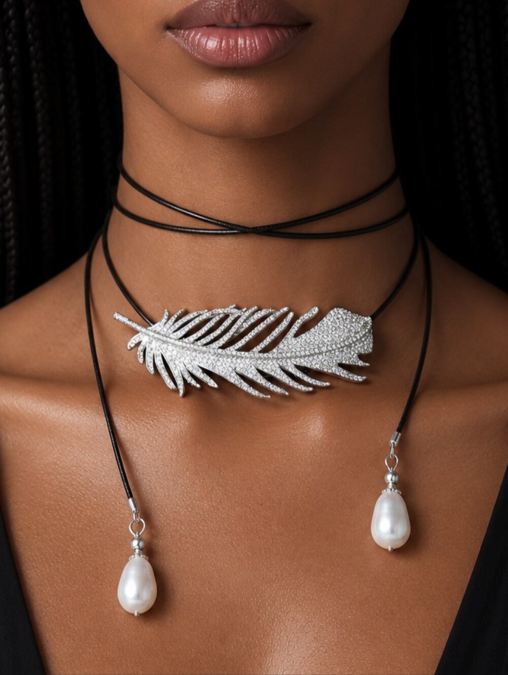 Platinum White Topaz Pave Feather Naural Pearl Genuine Leather Necklace/Lariat